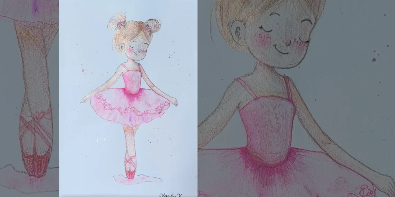 Ballerina tanzt, 2026. Aquarell + Fineliner auf Papier, 30x20 cm. Eine Ballerina tanzt in einem zarten Kostüm mit hochgesteckten Haaren vor einem hellen Hintergrund.