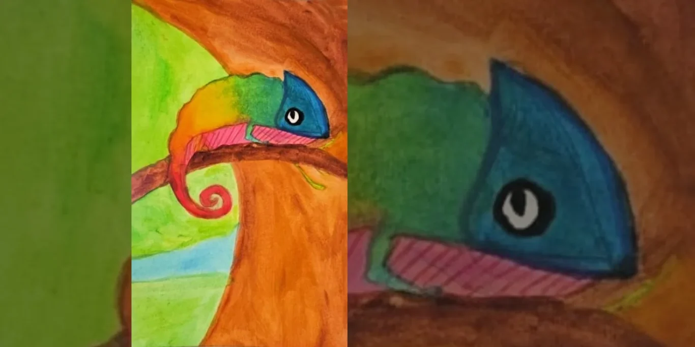 Chameleon, 2025. Aquarell auf Papier, 20x12,4 cm. Ein farbenfrohes Chamäleon sitzt auf einem Ast und zeigt seine leuchtenden Farben.