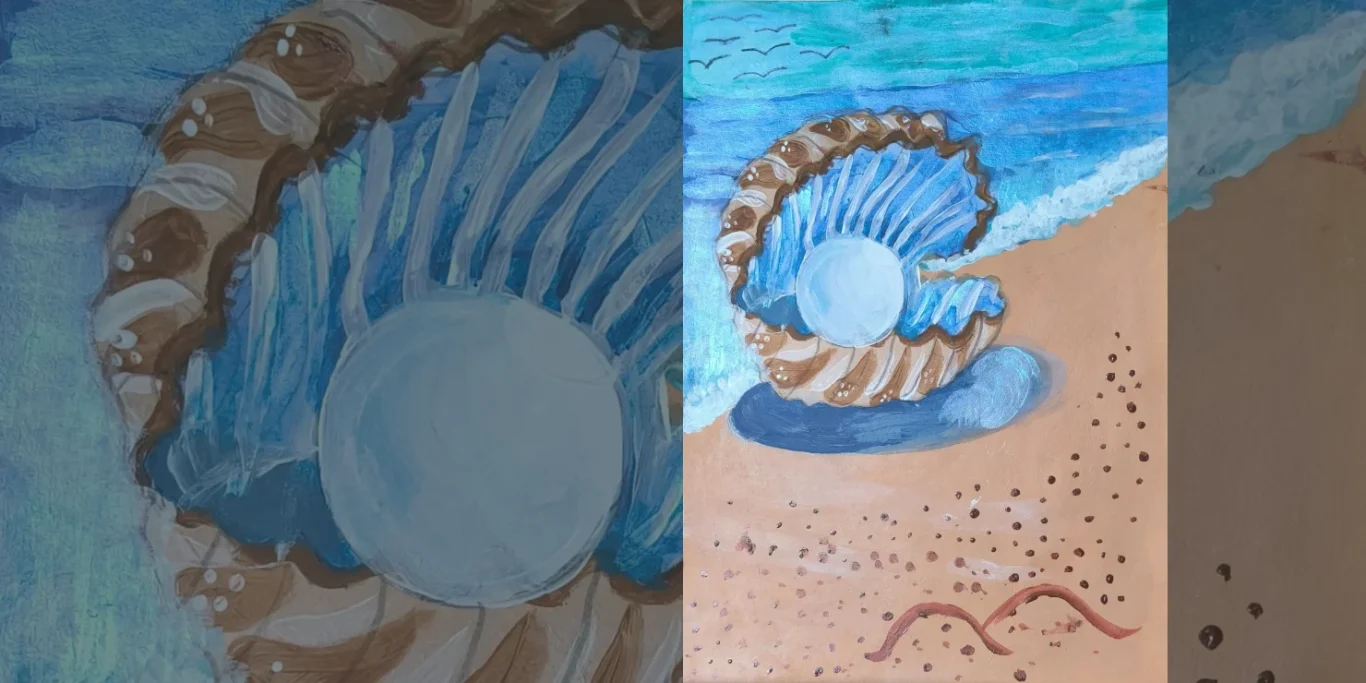 Schatz am Strand, 2025. Acryl auf Papier, 30x20 cm. Eine Muschel mit einer Perle liegt an einem Strand mit Vögeln und Meer.