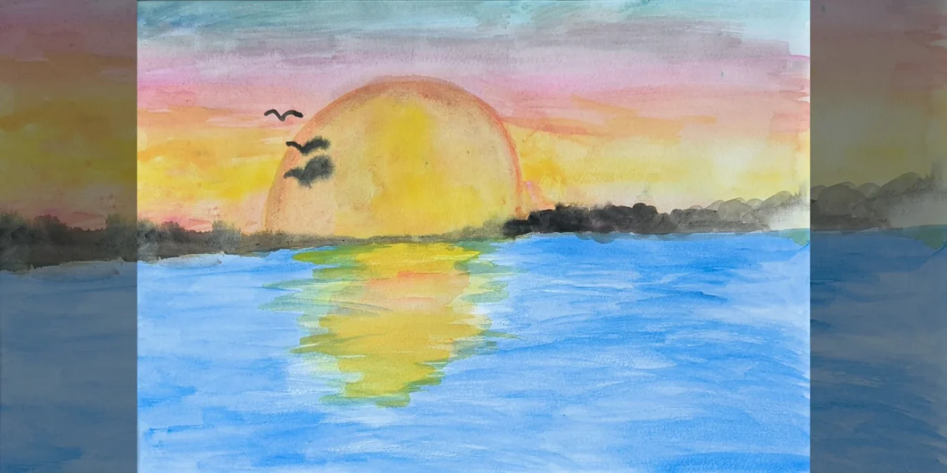 Sonnenuntergang am See, 2026. Aquarell auf Papier, 20x30 cm. Ein farbenfroher Sonnenuntergang spiegelt sich auf einem ruhigen See.