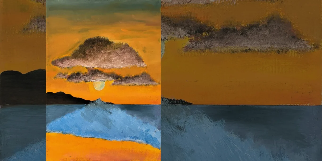 Abend in Algarve, 2026. Acryl auf Leinwand, 35x25 cm. Eine malerische Meereslandschaft an der Algarve bei einem farbenfrohen Sonnenuntergang.