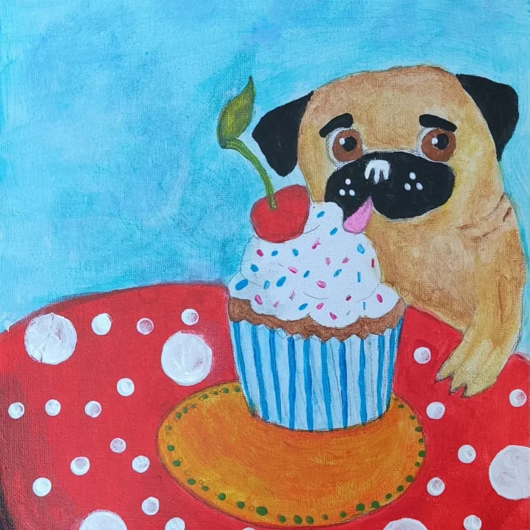 Naschmoment, 2026. Acryl auf Leinenkarton, 35x25 cm. Ein niedlicher Bulldog mit einem Cupcake auf einem Tisch mit Punkten.