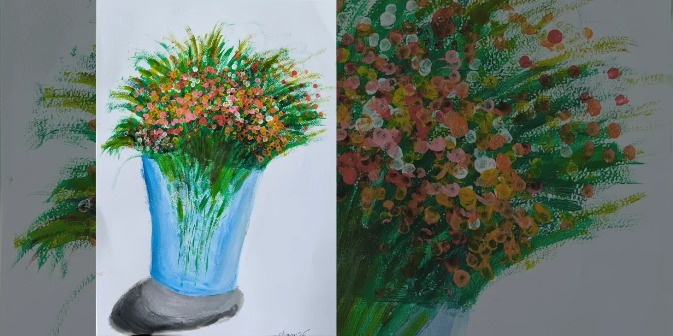 Blumen in der Vase, 2026. Acryl auf Papier, 40x30 cm. Ein dichter Blumenstrauß in einer blauen Vase mit vielen Blüten und grünen Blättern.