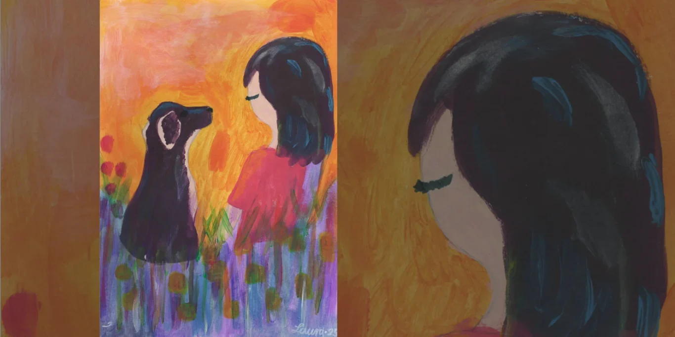 Vertraute Blicke, 2025. Acryl auf Papier, 30x20 cm. Ein Mädchen und ein Hund schauen sich aufmerksam und vertraut an.