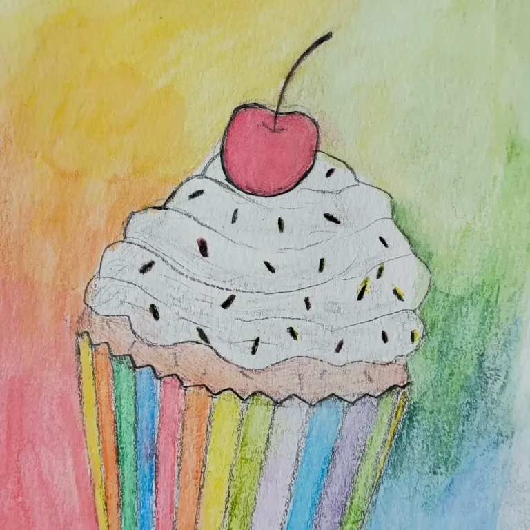 Cupcake – Blumen, Früchte & Süßes Ein farbenfroher Cupcake mit einer bunten Verpackung in einem fröhlichen Aquarell-Stillleben.