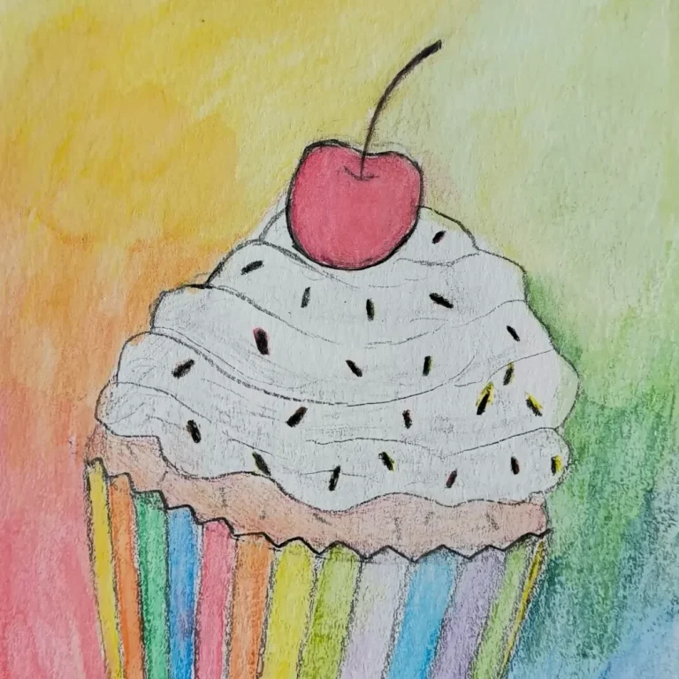 Cupcake – Blumen, Früchte & Süßes Ein farbenfroher Cupcake mit einer bunten Verpackung in einem fröhlichen Aquarell-Stillleben.