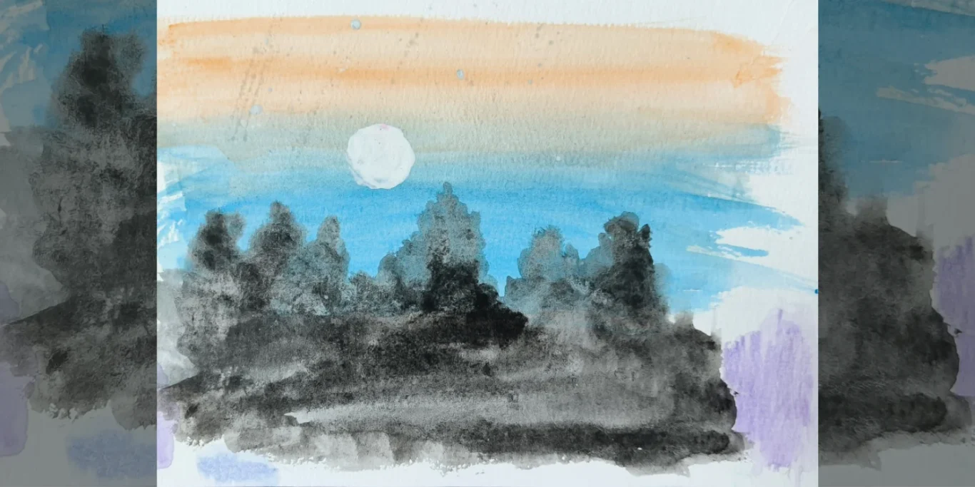 Vollmond im Wald, 2026. Aquarell auf Papier, 15x20 cm. Ein heller Vollmond leuchtet über einem dunklen Wald unter einem sanft verlaufenden Nachthimmel.