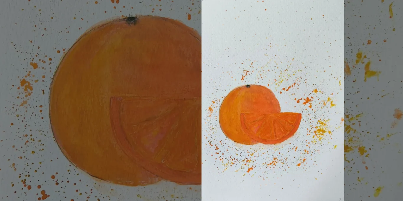 Orange, 2026. Aquarell auf Papier, 30x20 cm. Eine leuchtende Orange mit sorgfältig gezeichneter Schale und harmonischem Hintergrund in einem Stillleben.