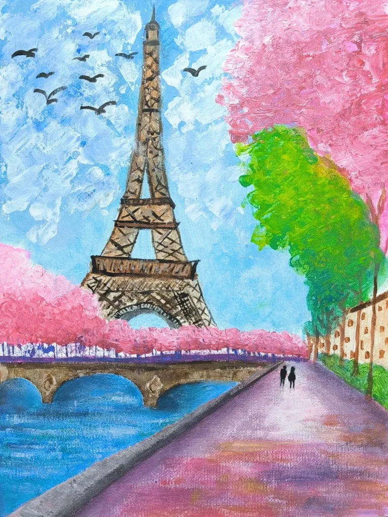 Paris im Frühling, 2026. Acryl auf Leinenkarton, 30x23 cm. Eiffelturm und Spazierweg an der Seine im blühenden Paris mit rosa Bäumen und blauem Himmel.