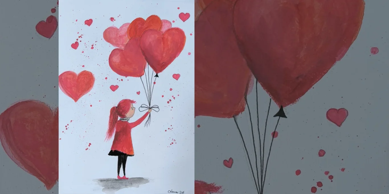 Herzensgruß, 2026. Acryl auf Papier, 30x20 cm. Ein Mädchen mit fliegenden Herzballons in einer warmen, dekorativen Szene.