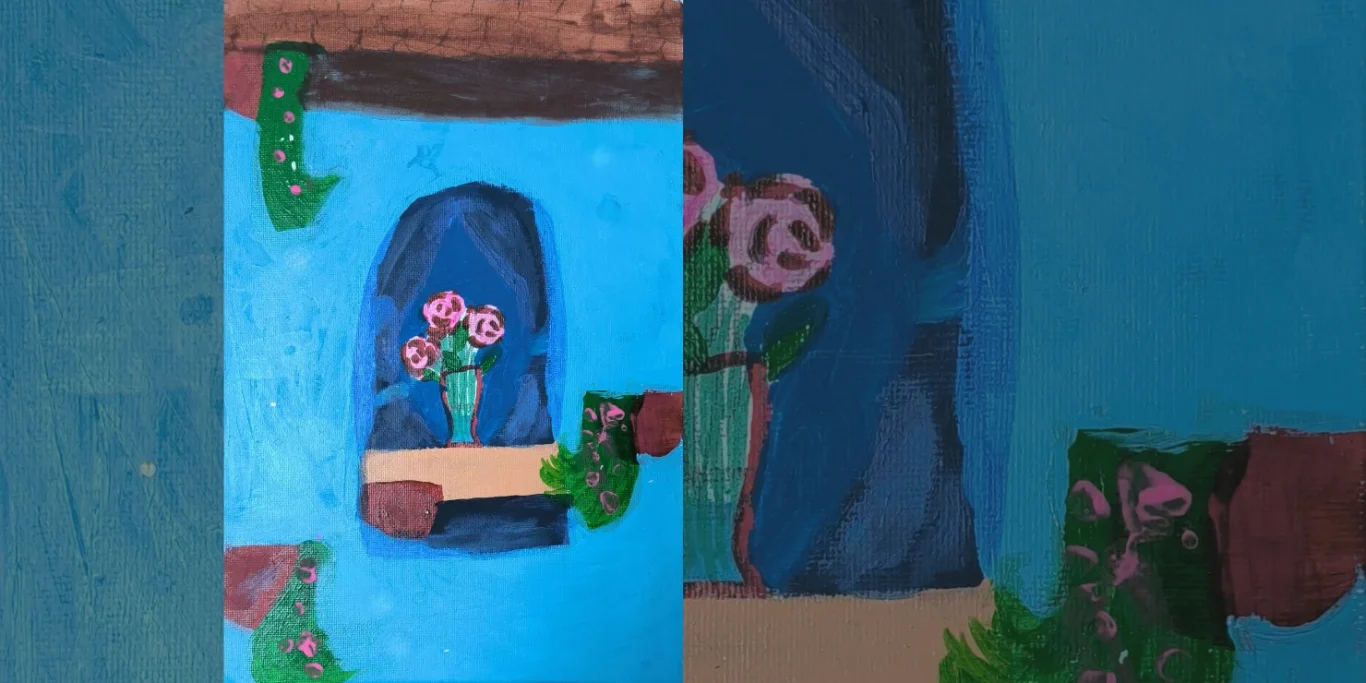 Am Fenster, 2025. Acryl auf Leinenkarton, 30x20 cm. Eine gemütliche Fensterszene mit Rosen und dekorativen Details in einer warmen, stillen Komposition.