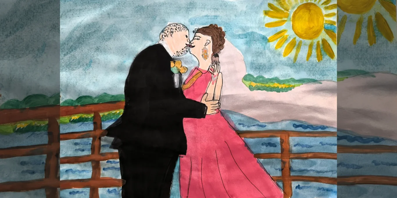 Hochzeit, 2025. Aquarell + Fineliner auf Papier, 20x30 cm. Eine Braut und ein Bräutigam stehen auf einem Schiffsdeck vor Sonne und Bergen.