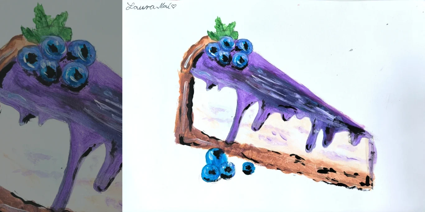 Heidelbeerkuchen, 2025. Acryl auf Papier, 20x30 cm. Ein Stück Heidelbeerkuchen in diagonaler Perspektive mit cremiger Textur und glänzenden Heidelbeeren.