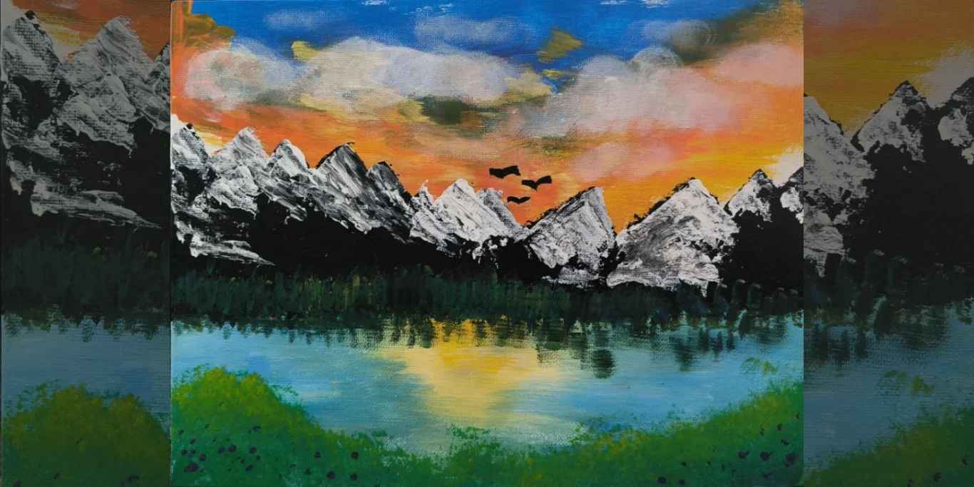 Sonnentag in den Bergen, 2026. Acryl auf Leinenkarton, 25x35 cm. Eine Berglandschaft mit See, Spiegelung und hellem Sonnenlicht.