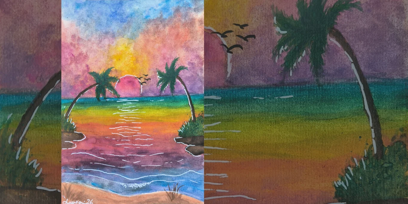 Abend am Meer, 2026. Aquarell + Filzstift auf Papier, 30x20 cm. Eine farbenfrohe Abendlandschaft am Meer mit Palmen, Wasser und einem leuchtenden Himmel.