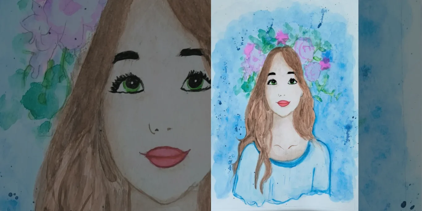 SommerFee, 2026. Aquarell auf Papier, 30x20 cm. Ein Mädchen mit Blumenkranz und grünem Blick vor einem blauen Hintergrund.