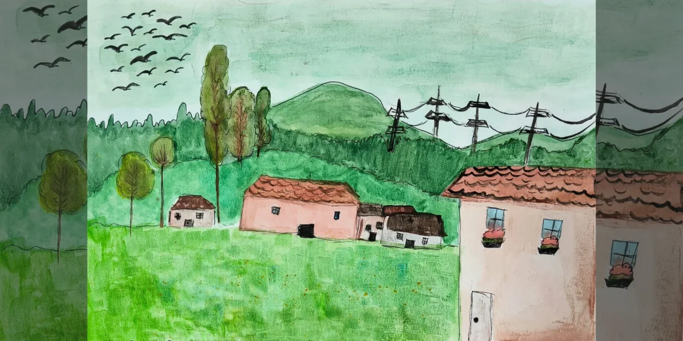 Dorf im Schwarzwald, 2026. Aquarell auf Papier, 30x42 cm. Ein Schwarzwalddorf mit Häusern, Bergen, Vögeln und feinen Landschaftsdetails.