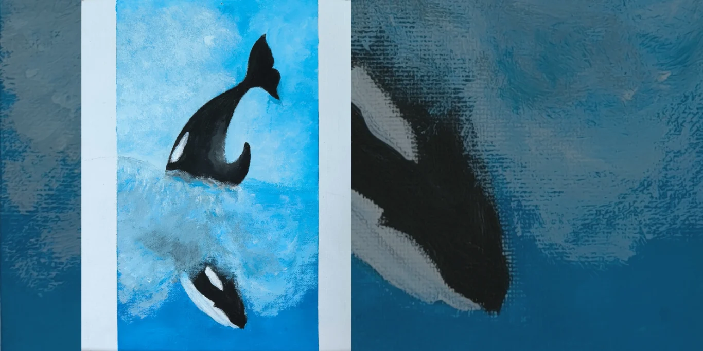 Sprung ins Blau, 2026. Acryl auf Leinenkarton, 35x25 cm. Ein springender Orca-Wal taucht vor einem leuchtend blauen Hintergrund aus dem Wasser auf.
