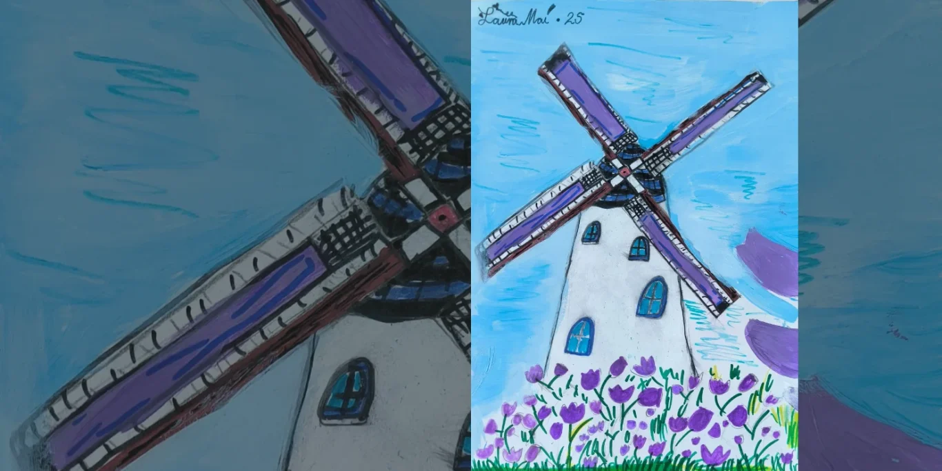 Windmühle im Tulpenfeld, 2025. Acryl auf Papier, 30x20 cm. Eine Windmühle steht in einer farbenfrohen Landschaft mit einem Feld voller Tulpen.