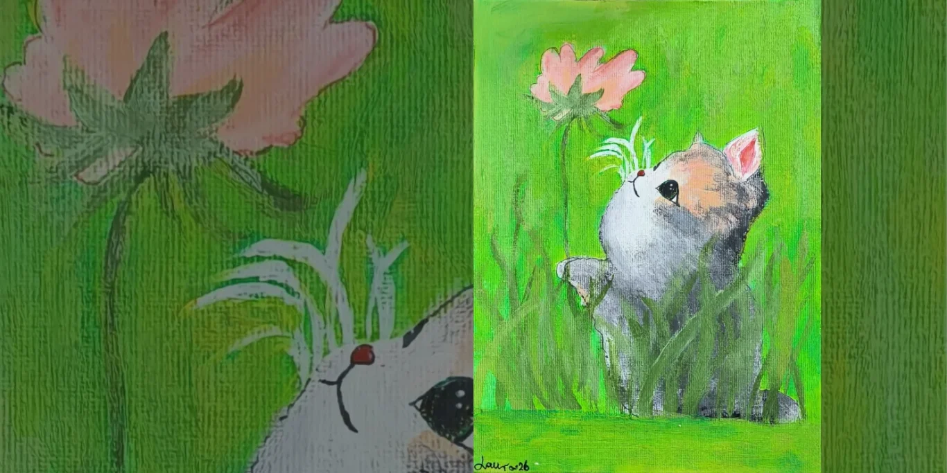 Kleine Entdeckung, 2026. Acryl auf Leinenkarton, 35x25 cm. Eine Katze nähert sich vorsichtig einer Blume und entdeckt ihre Form und ihren Duft.