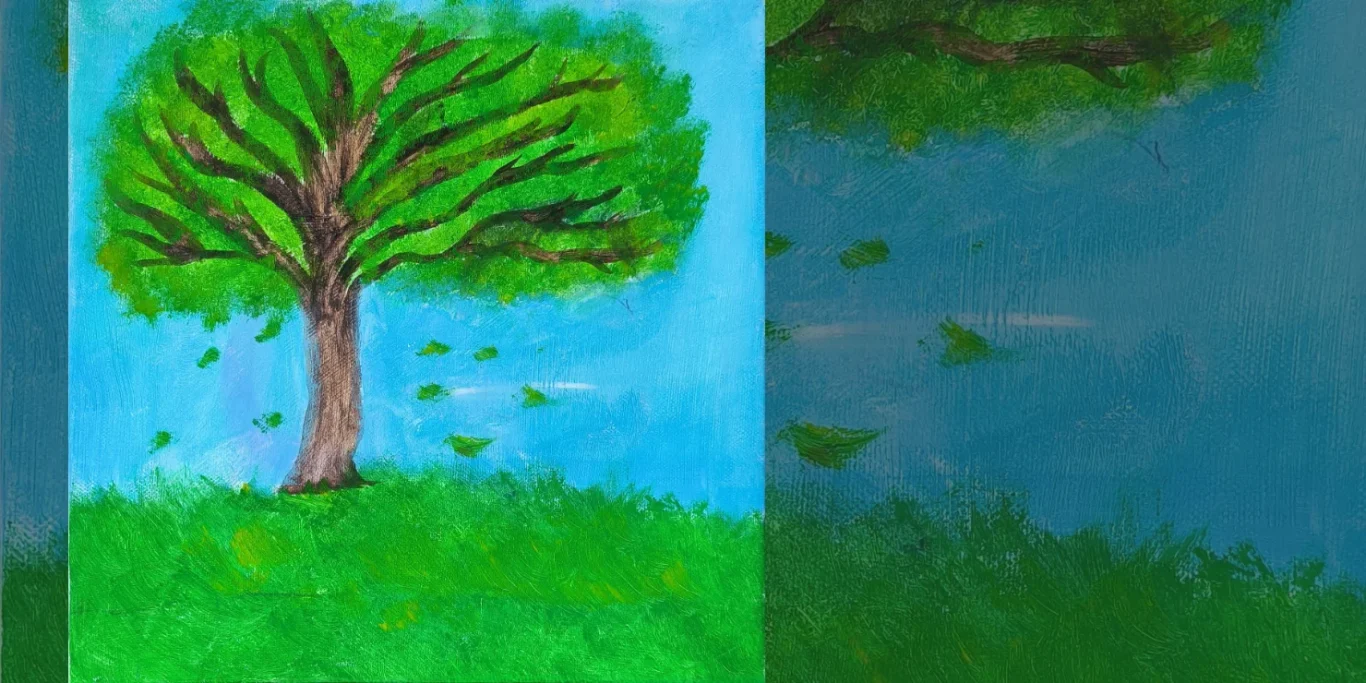 Baum in der Wiese, 2025. Acryl auf Leinwand, 20x20 cm. Ein einzelner Baum steht in einer grünen Wiese unter einem weiten Himmel.