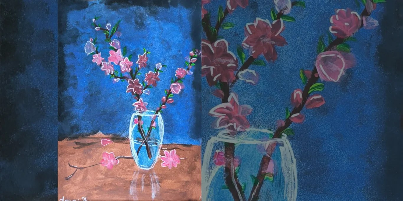 Blumen in der Nacht, 2026. Acryl auf Papier, 30x20 cm. Leuchtende Blumen erscheinen in einer nächtlichen, farbenreichen Umgebung.