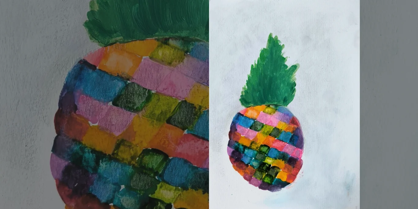 Ananas, 2026. Aquarell auf Papier, 30x20 cm. Eine stilisierte Ananas mit farbigen Flächen und mosaikartiger Struktur in einem fantasievollen Stillleben.