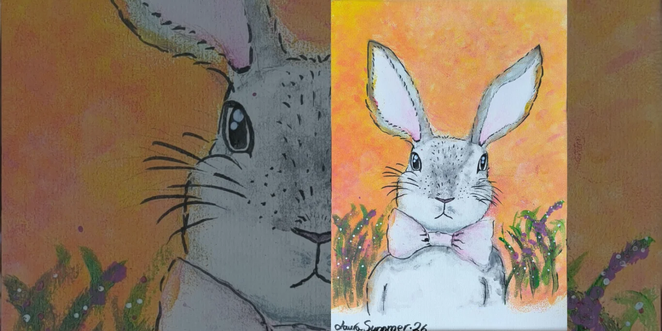 Hase, 2026. Aquarell + Fineliner auf Papier, 30x20 cm. Ein neugieriger Hase mit fein gemaltem Fell und zarten Schnurrhaaren vor einem warmen, orangefarbenen Hintergrund.