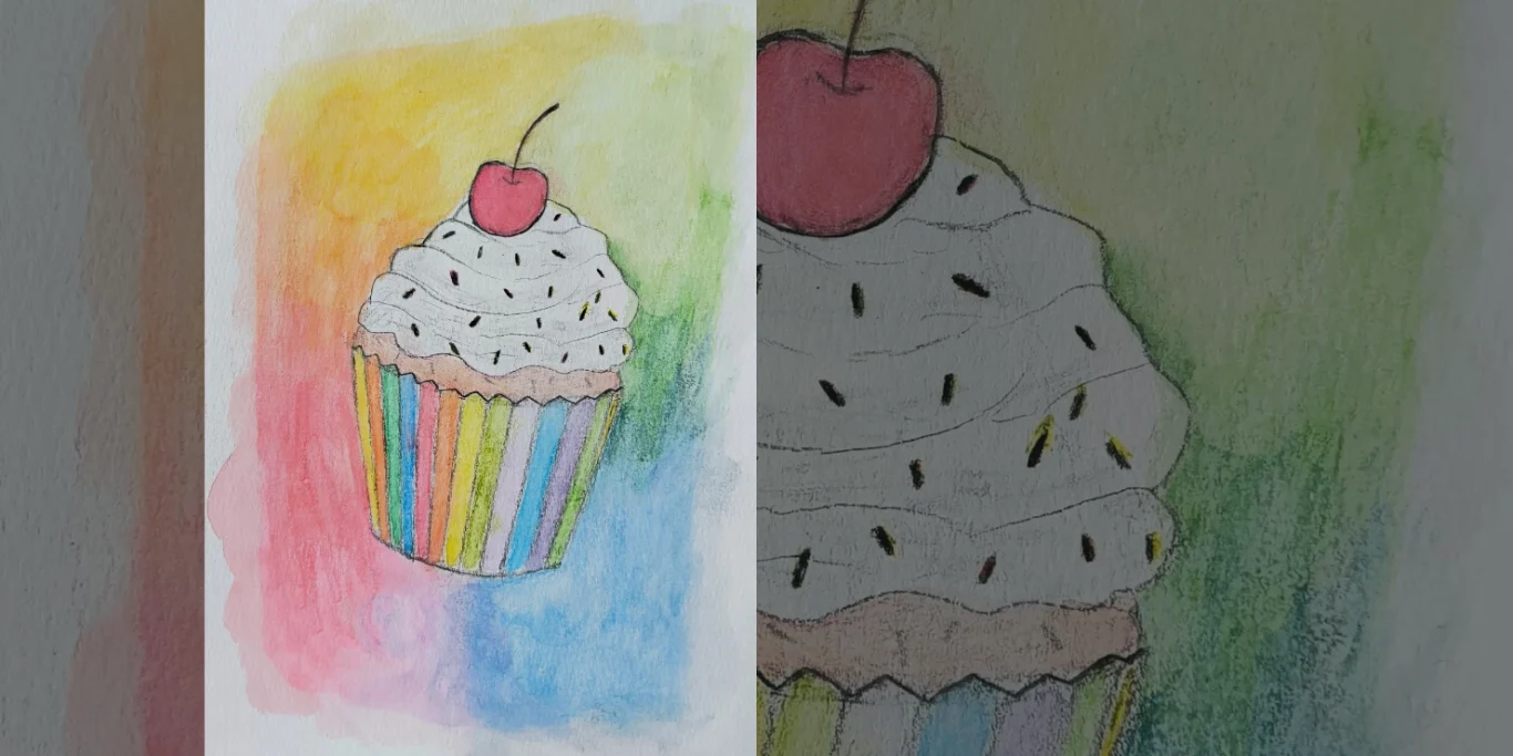 Cupcake, 2026. Aquarell auf Papier, 30x20 cm. Ein farbenfroher Cupcake mit einer bunten Verpackung in einem fröhlichen AquarellStillleben.