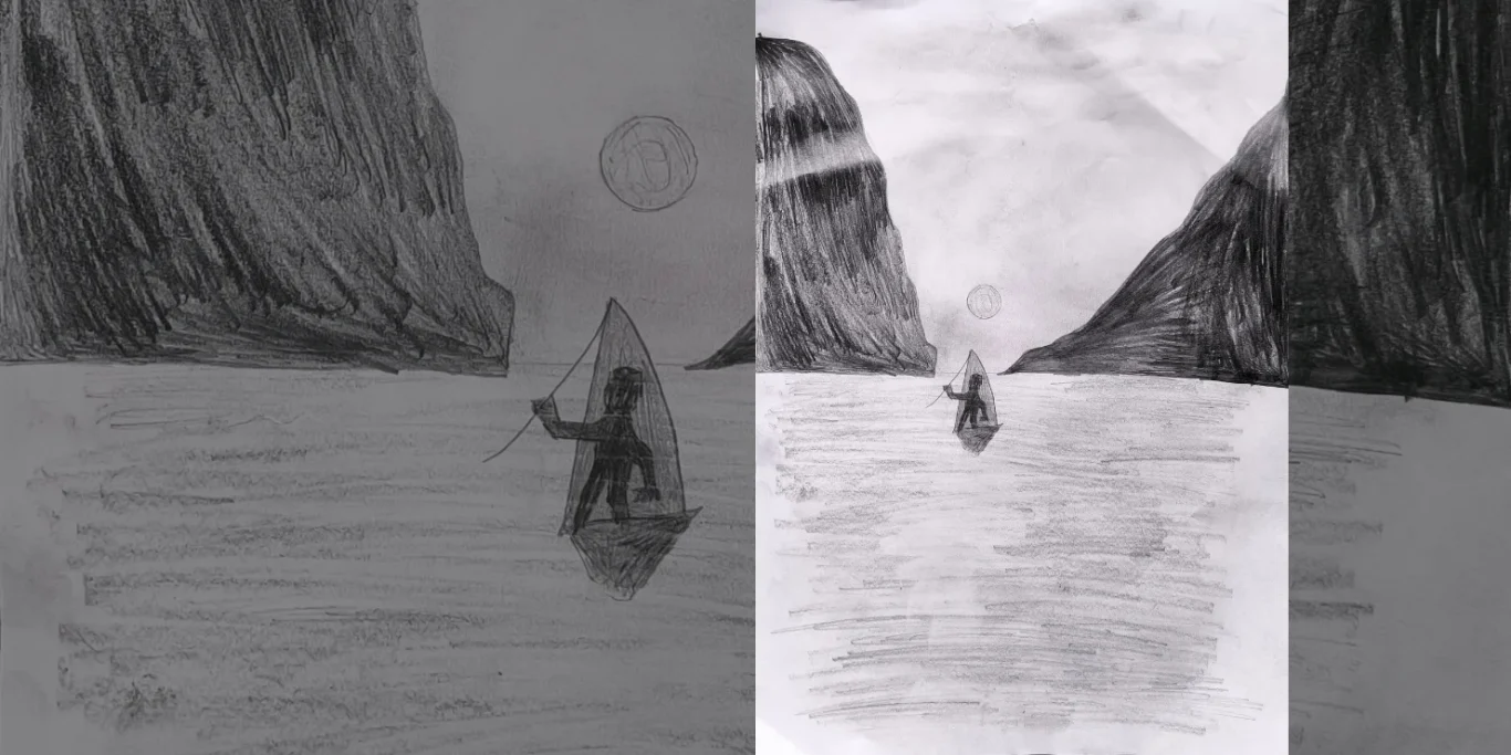 Ein einsamer Wanderer, 2025. Bleistift auf Papier, 30x20 cm. Eine einsame Figur bewegt sich bei Mondlicht zwischen Felsen und Wasser.