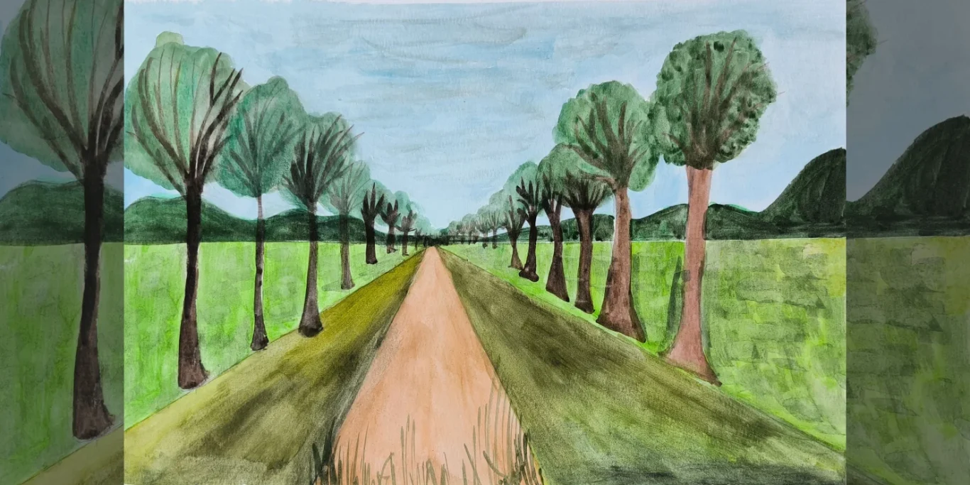Allee im Schwarzwald, 2026. Aquarell auf Papier, 30x42 cm. Eine lange Allee führt zwischen hohen Bäumen durch eine sonnige Schwarzwaldlandschaft.