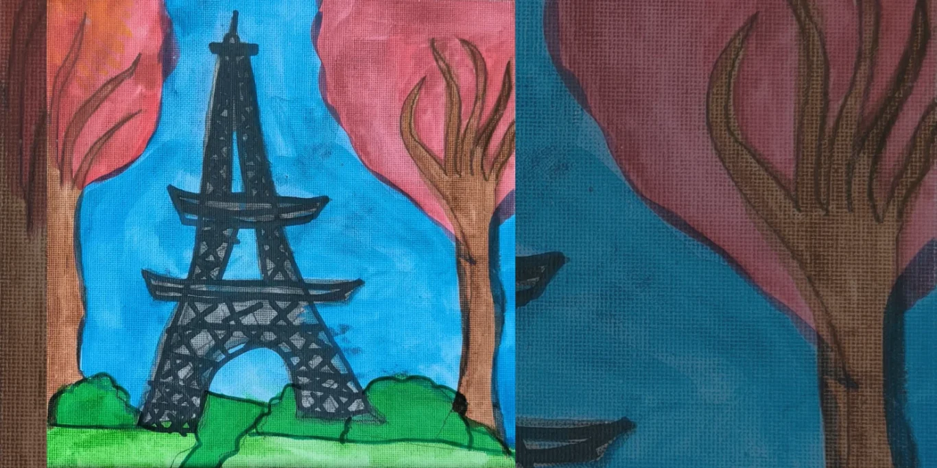 Herbst in Paris, 2025. Aquarell + Filzstift auf Leinenkarton, 20x20 cm. Eine herbstliche Pariser Szene mit warmen Farben und dem Eiffelturm.