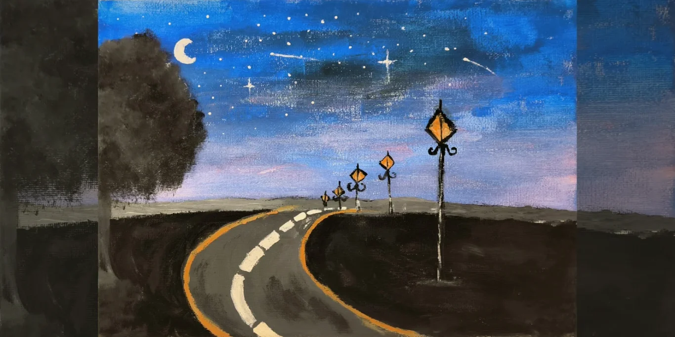 Nachtfahrt, 2026. Acryl auf Leinwand, 25x35 cm. Eine nächtliche Landschaft mit Lichtern, dunklem Himmel und einem Weg durch die Nacht.
