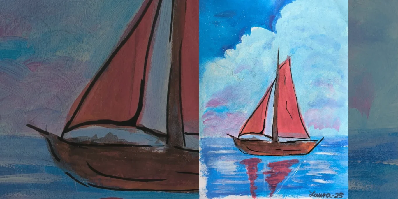 Fernweh, 2025. Acryl auf Papier, 30x20 cm. Ein Segelboot fährt auf dem Meer vor einer farbenfrohen Landschaft.