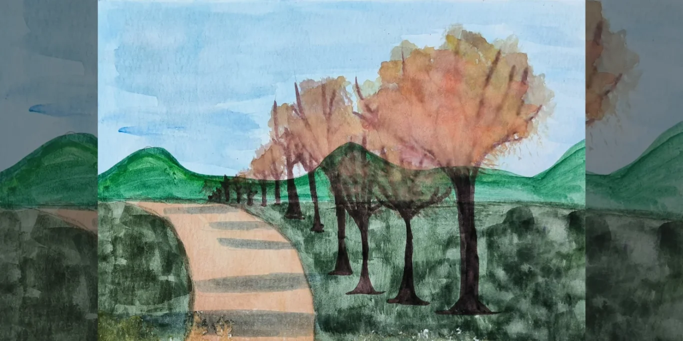 Herbstlicher Weg mit Bäumen, 2026. Aquarell auf Papier, 15x20 cm. Ein Weg führt im Herbst zwischen Bäumen durch eine Landschaft in warmen roten, gelben und braunen Farben.