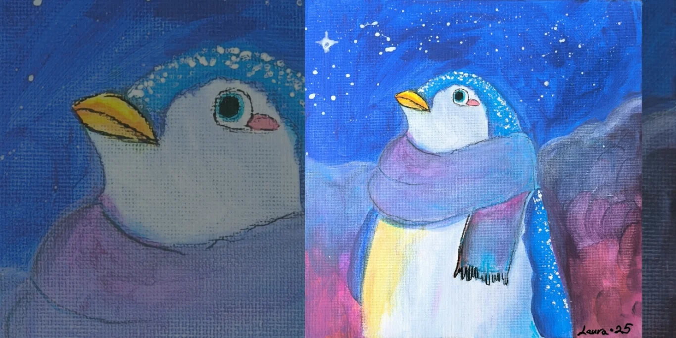 Pinguin, 2025. Acryl auf Leinenkarton, 20x20 cm. Ein kleiner Pinguin mit Schal steht unter einem sternenklaren Himmel in einer gemütlichen, farbenfrohen Umgebung.