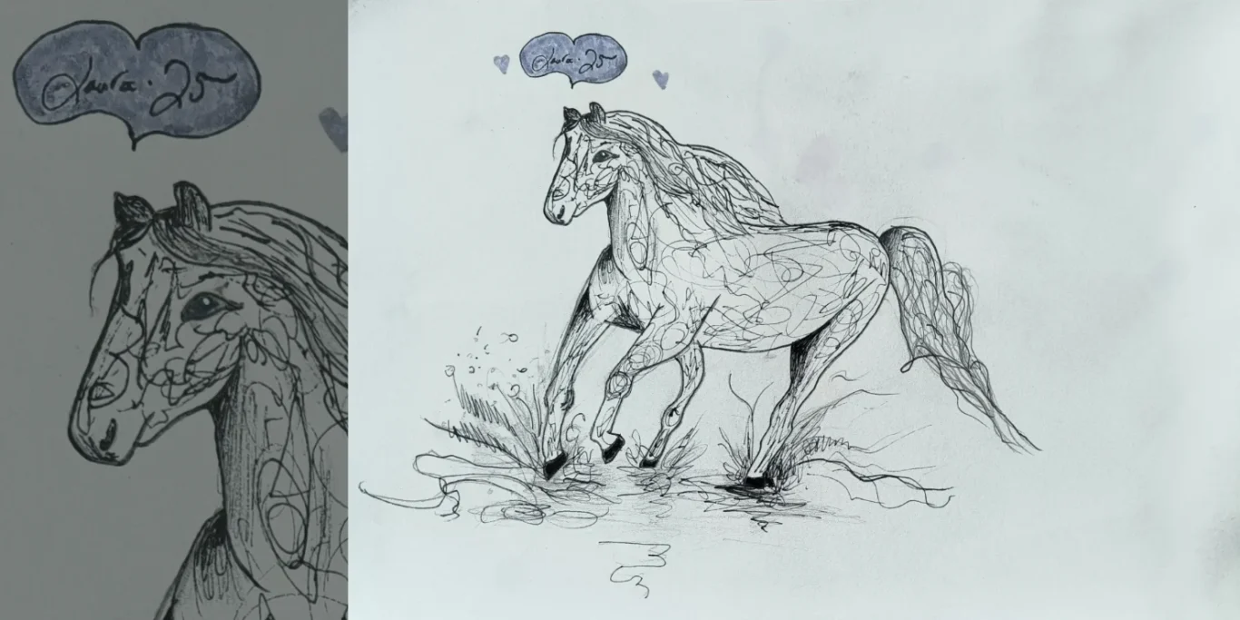 Wilder Galopp, 2026. Fineliner auf Papier, 20x30 cm. Eine dynamische Fineliner-Zeichnung eines galoppierenden Pferdes voller Bewegung.
