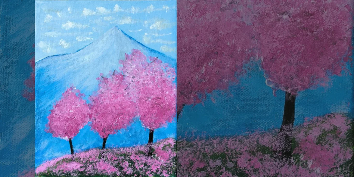 Kirschblütentraum, 2026. Acryl auf Leinwand, 30x25 cm. Eine Landschaft mit blühenden Kirschbäumen in zarten, verträumten Farben.