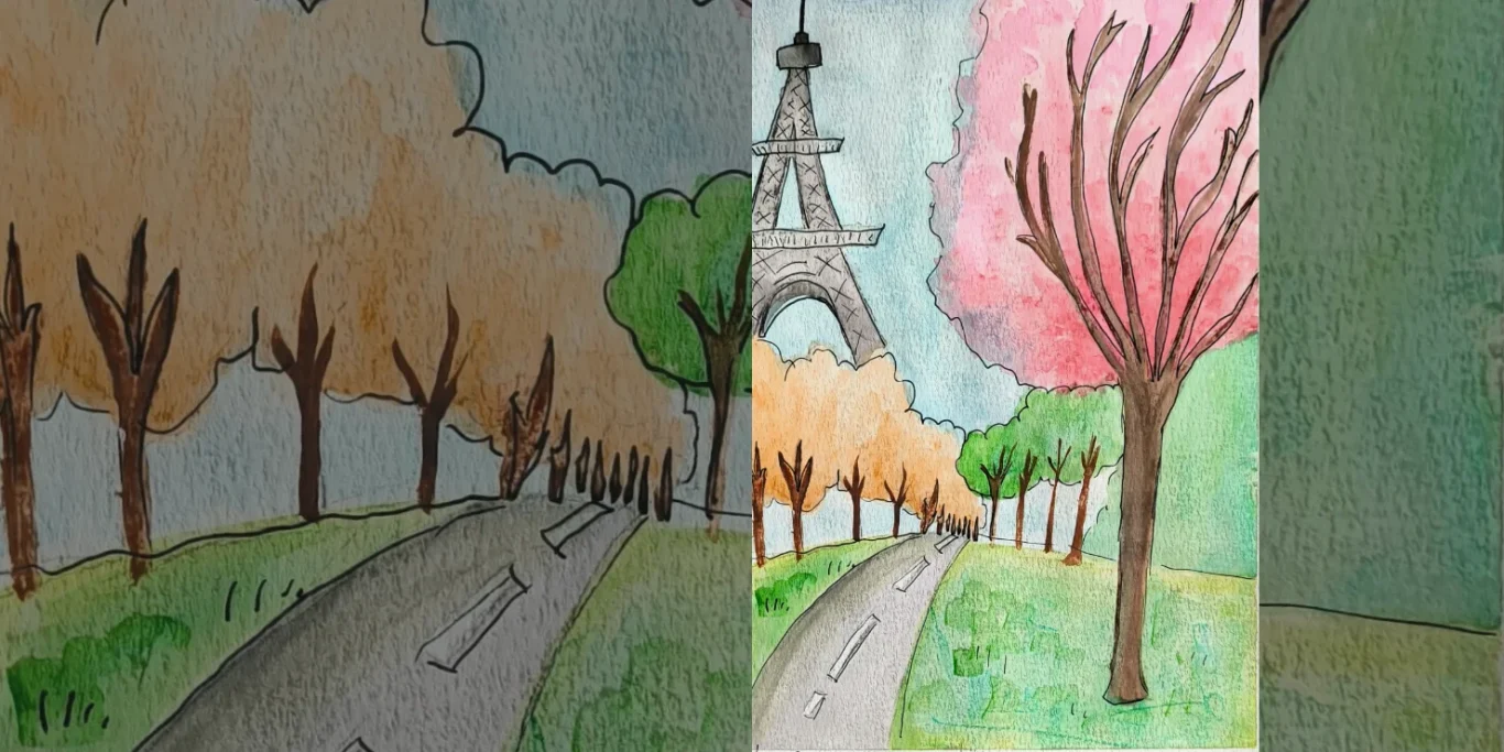 Paris, Eiffelturm, 2026. Aquarell + Fineliner auf Papier, 30x20 cm. Der Eiffelturm steht im Mittelpunkt einer farbenfrohen Pariser Stadtlandschaft.