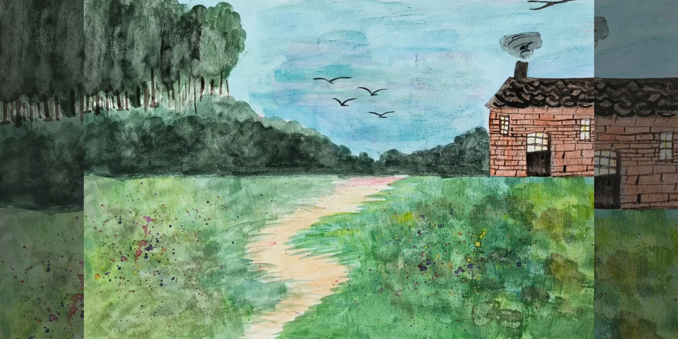 Pfad zum Schwarzwaldhof, 2026. Aquarell auf Papier, 42x30 cm. Ein Weg führt durch eine grüne Landschaft zu einem Schwarzwaldhof mit Bergen im Hintergrund.