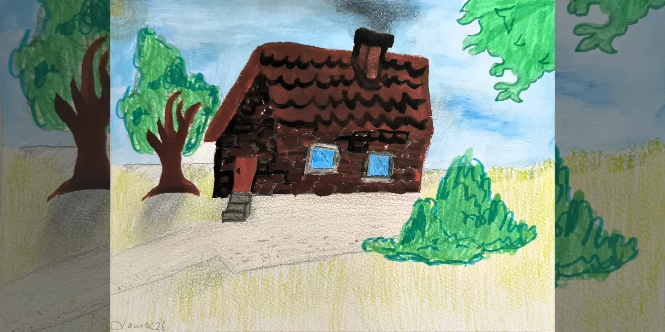 Trautes Heim, 2026. Acryl + Filzstift + Buntstift auf Papier, 15x20,5 cm. Ein kleines gemütliches Haus mit dekorativem Dach und farbenfrohen Details.