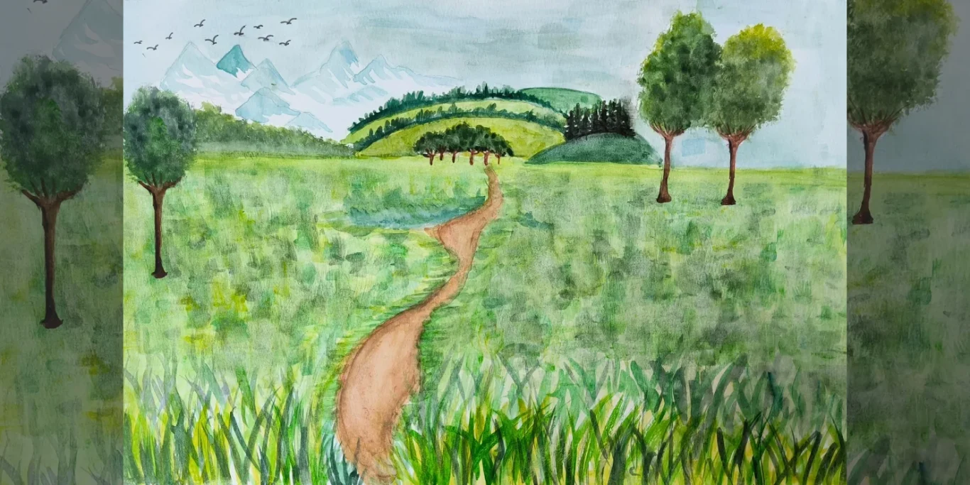 Wanderweg im Schwarzwald, 2026. Aquarell auf Papier, 30x42 cm. Ein Wanderweg führt durch eine weitläufige Schwarzwaldlandschaft mit mehreren Bildebenen.