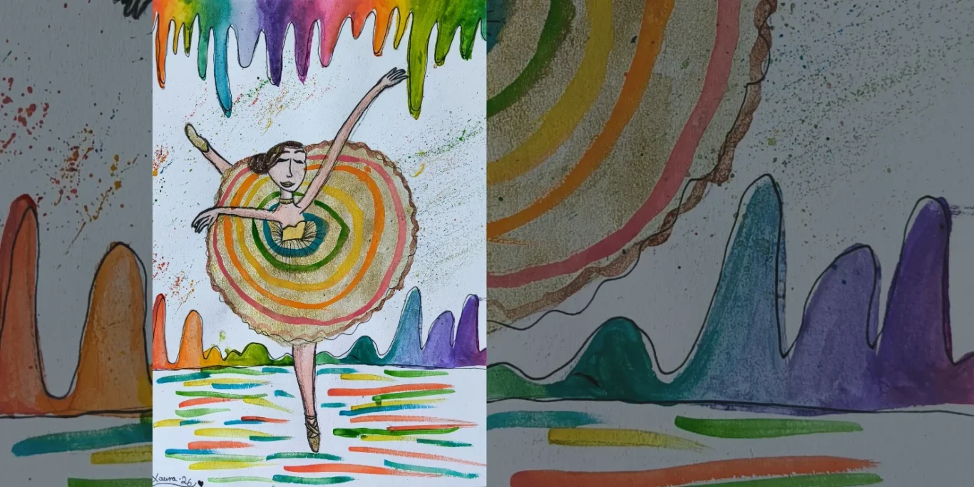 Farbentanz, 2026. Aquarell + Fineliner auf Papier, 30x20 cm. Eine Ballerina tanzt in einem Regenbogenrock mit herabtropfenden Farben und bunten Spritzern.