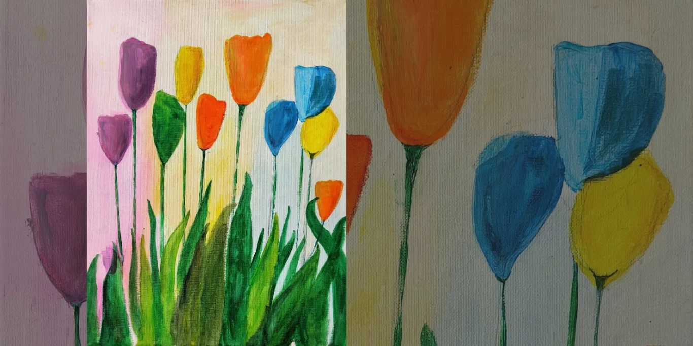 Tulpen, 2026. Acryl auf Leinwand, 35x25 cm. Fröhliche Tulpen in leuchtenden Farben stehen in einer einfachen, harmonischen Stillleben-Komposition.