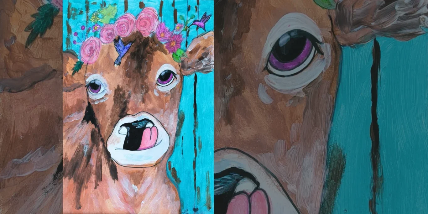 Eine romantische Kuh, 2025. Acryl auf Papier, 30x20 cm. Ein freundliches Kuhporträt mit Rosenkranz und einem kleinen Kolibri.