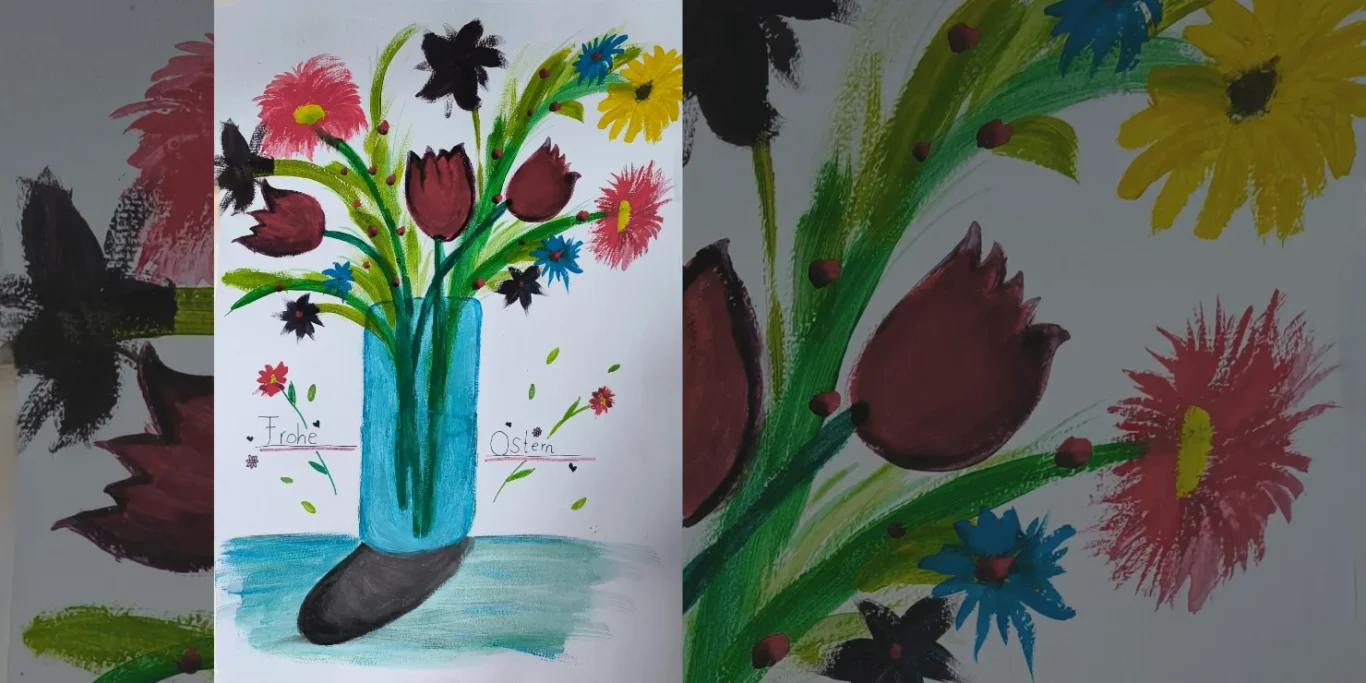 Osterblumenstrauß, 2026. Acryl auf Papier, 40x30 cm. Ein großer Osterblumenstrauß mit bunten Blumen und dem Schriftzug „Frohe Ostern“ in einer festlichen Komposition.
