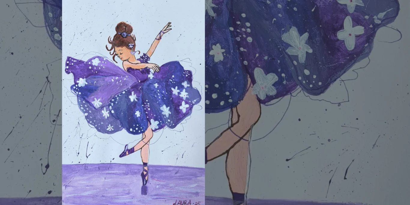 Balletttanz, 2025. Acryl auf Papier, 30x20 cm. Eine Tänzerin in einem farbenfrohen Kleid bewegt sich leicht und elegant in einer dekorativen Szene.