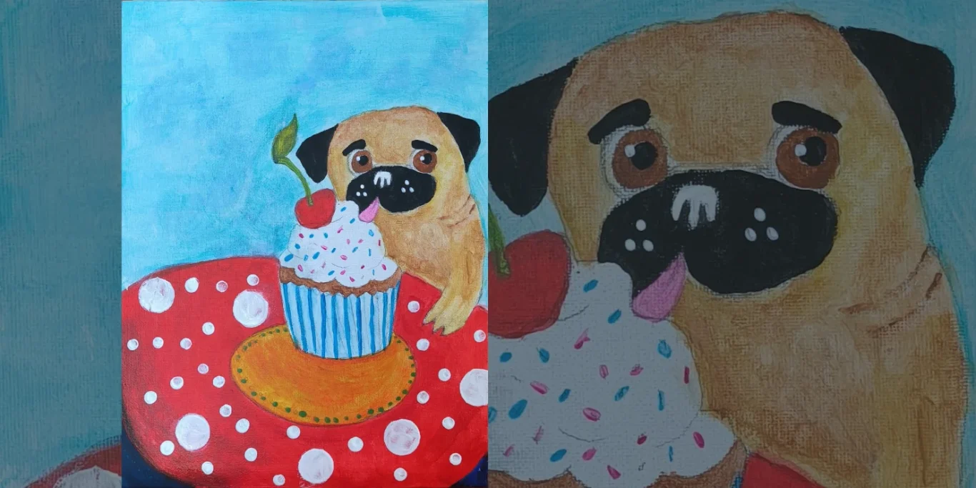 Naschmoment, 2026. Acryl auf Leinenkarton, 35x25 cm. Ein niedlicher Bulldog mit einem Cupcake auf einem Tisch mit Punkten.