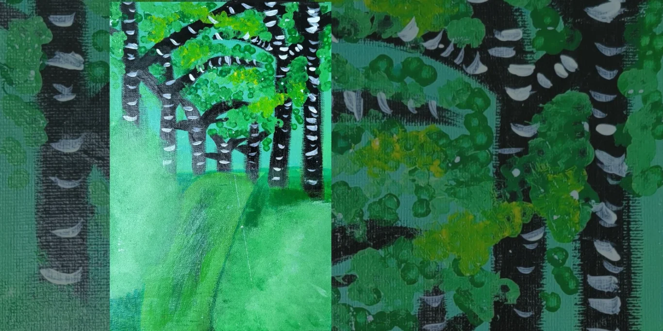 Allee, 2025. Acryl auf Papier, 30x20 cm. Eine lange Allee führt zwischen Bäumen in die Tiefe der Landschaft.
