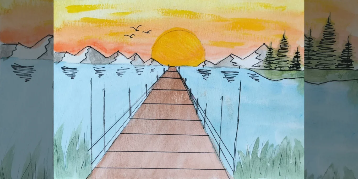 Sonnenuntergang auf Anlegestelle, 2026. Aquarell + Fineliner auf Papier, 15x20 cm. Eine Anlegestelle führt bei Sonnenuntergang über das Wasser und erzeugt eine starke Perspektive.